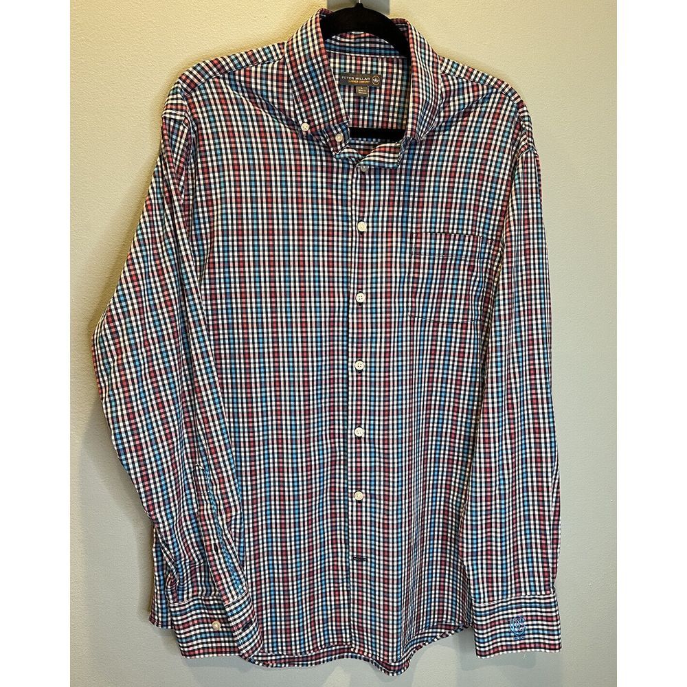 Peter Millar Summer Comfort Button Down Shirt L/S R/W/B Dress Mens Size L Stretc